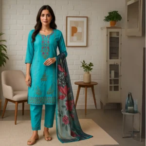 Woman wearing Matra Turquoise Blossom Embroidered Kurti Set with floral embroidery, matching pants and printed dupatta – ethnic wear for women