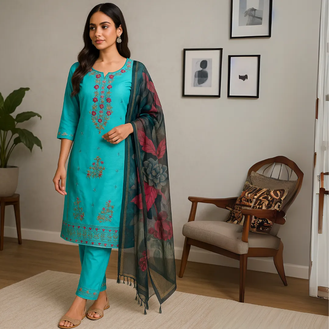 Aqua Elegance Embroidered Kurti Set with Straight Pants & Dupatta - Image 3
