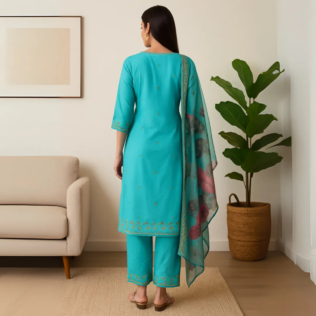 Aqua Elegance Embroidered Kurti Set with Straight Pants & Dupatta - Image 4