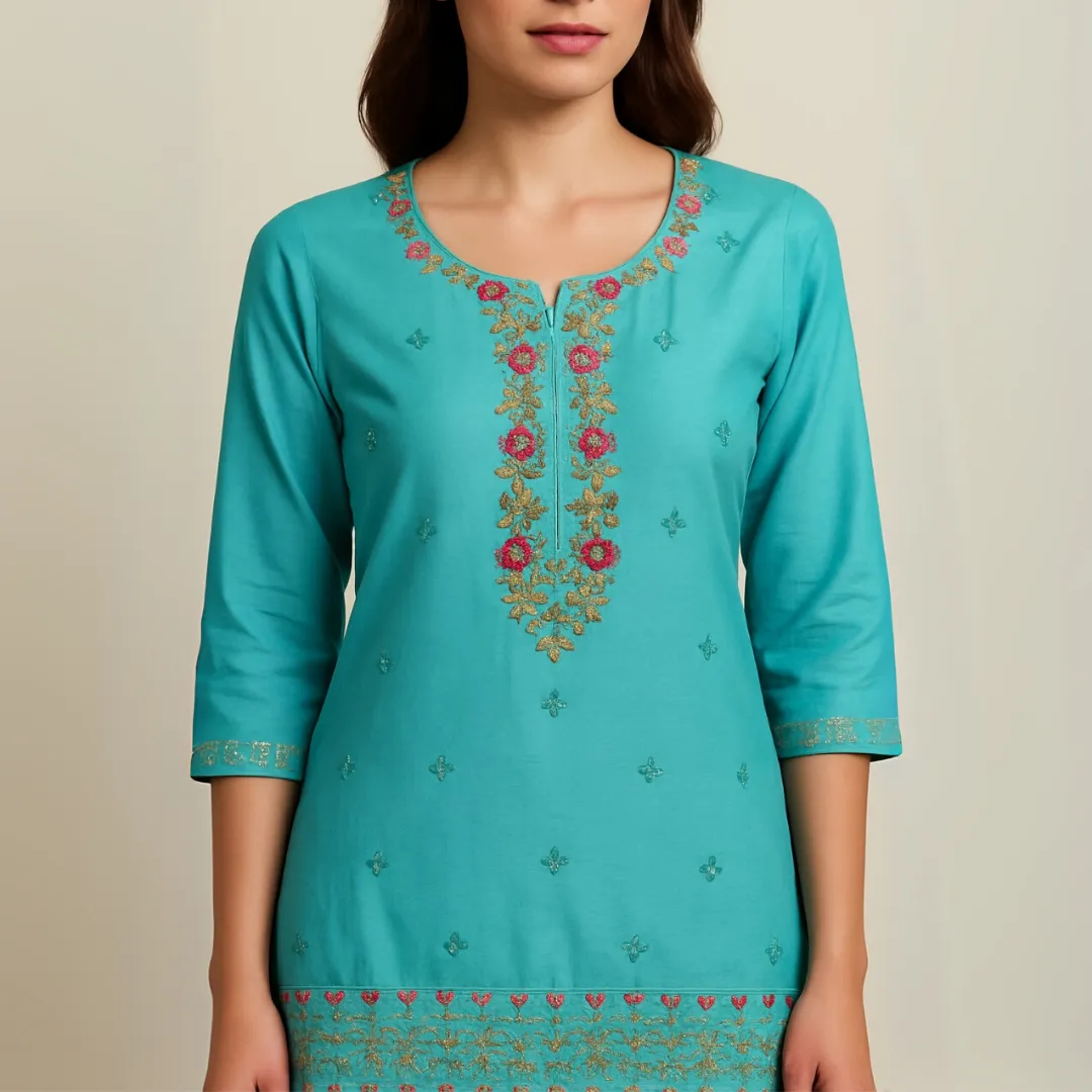 Aqua Elegance Embroidered Kurti Set with Straight Pants & Dupatta - Image 5