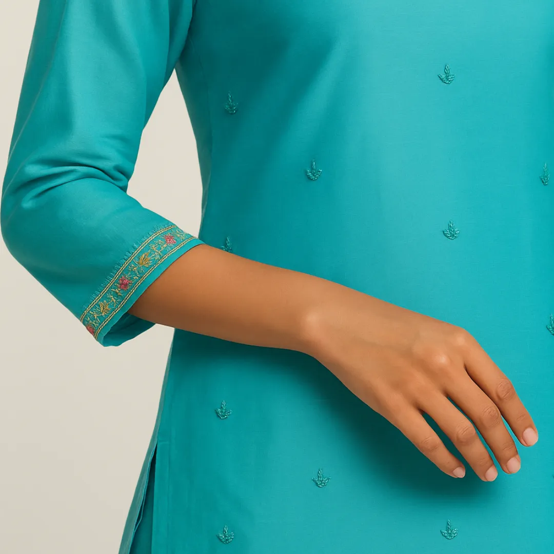 Aqua Elegance Embroidered Kurti Set with Straight Pants & Dupatta - Image 6
