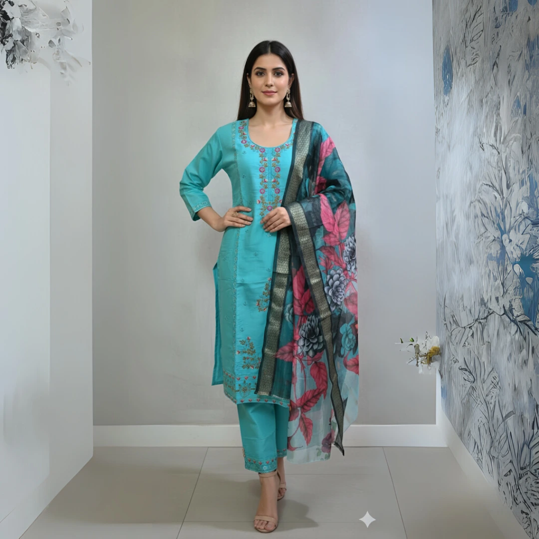 Turquoise Blossom Embroidered Kurti Set with floral threadwork, matching pants and printed dupatta by Matra
